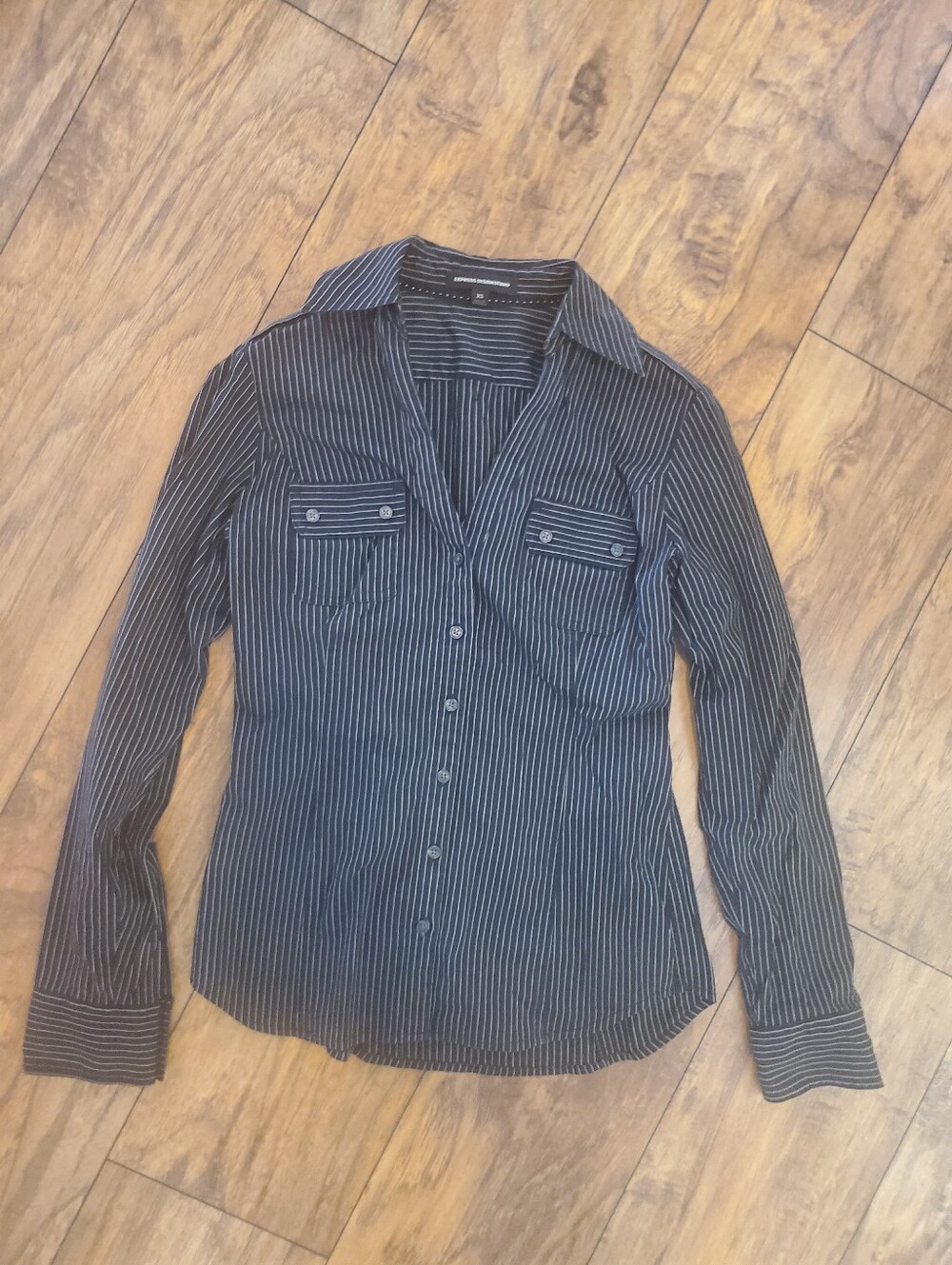 Express Design Studio Navy and White Striped Button-Up